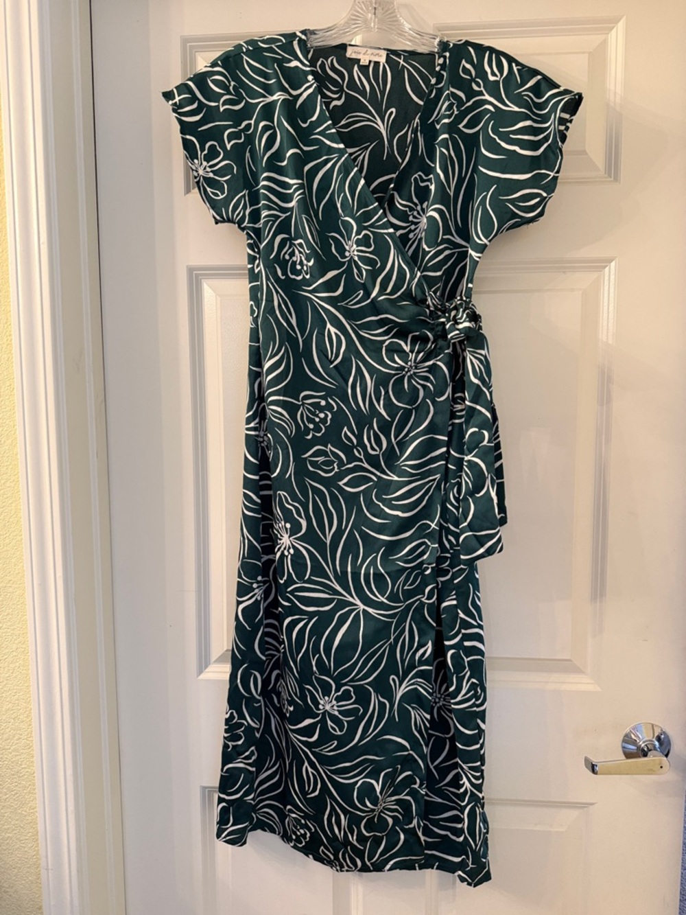 Joie De Vivre Dark Green Floral Wrap Midi Dress with Tie Waist